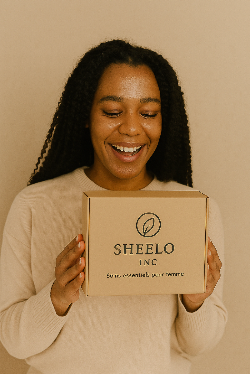 Box beauté mensuelle Sheelo Inc. pour femmes, emballage kraft élégant.