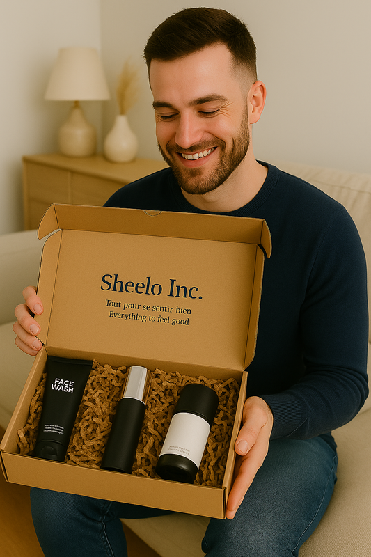 Coffret Sheelo Level Up Box ouvert, contenant 4 à 5 soins visage, corps et barbe.