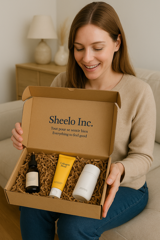 Box beauté Sheelo Glow Up ouverte avec 4-5 soins visage, corps et cheveux